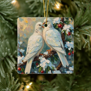 Vintage-Weihnachts-Tauben auf schneebedecktem Imme Keramikornament