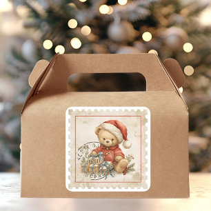 Vintage-Weihnachts-Teddybär mit Geschenken Briefma Quadratischer Aufkleber
