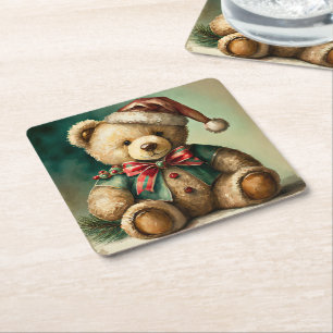 Vintage-Weihnachts-Teddybär Rechteckiger Pappuntersetzer