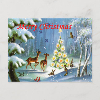 Vintage-Weihnachts-Tiere-im-Wald-Weihnachtskarte Feiertagspostkarte