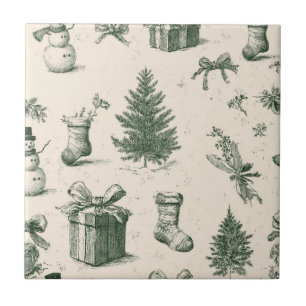 Vintage-Weihnachts-Toile Waldgrün-Creme-Muster Fliese