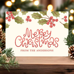 Vintage-Weihnachts-Wasserfarbe-Stechpalmenblätter- Postkarte