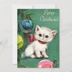 Vintage-Weihnachts-Weißkatze im Baum-Weihnachtskar Feiertagskarte