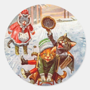 Vintage-Weihnachtsaufkleber, Arthur Thiele Katzen Runder Aufkleber