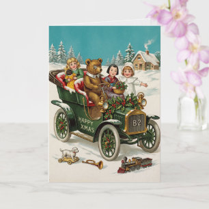 Vintage-Weihnachtsauto-Kinder-Feiertags-Grußkarte Karte