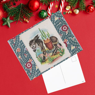 Vintage Weihnachtsbaby Donkey Cactus Succulents Feiertagspostkarte