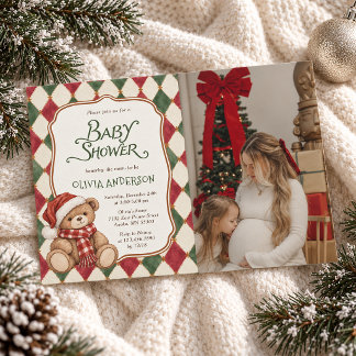 Vintage Weihnachtsbär Elegante Babyparty-Foto Einladung