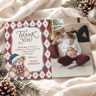 Vintage-Weihnachtsbär-Elegantes-Baby-Shower-Foto Dankeskarte