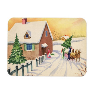 Vintage-Weihnachtsbaum auf einer schneebedeckten W Magnet