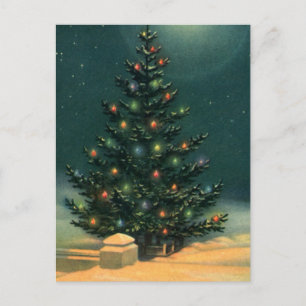 Vintage Weihnachtsbaum bei Nacht mit Lichtern und  Feiertagspostkarte