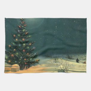 Vintage-Weihnachtsbaum bei Nacht mit Lichtern und  Geschirrtuch