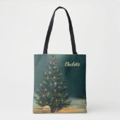 Vintage-Weihnachtsbaum bei Nacht mit Lichtern und Tasche (Vorderseite)
