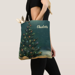 Vintage-Weihnachtsbaum bei Nacht mit Lichtern und  Tasche