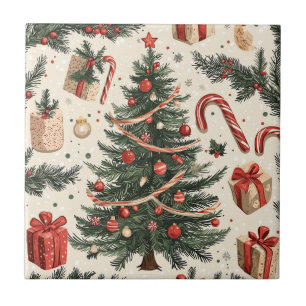 Vintage-Weihnachtsbaum Creme Rot Grün Toile Fliese
