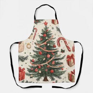 Vintage-Weihnachtsbaum Creme Rot Grün Toile Schürze