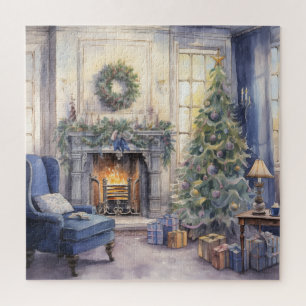 Vintage Weihnachtsbaum im Wohnzimmer mit Kamin Puzzle