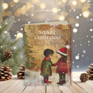Vintage-Weihnachtsbaum Kinder Winter Schnee Feiertagskarte
