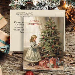 Vintage-Weihnachtsbaum-Mädchen-Geschenke Feiertagspostkarte