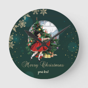 Vintage Weihnachtsbaum, Mädchen Schneeflocken Runde Wanduhr