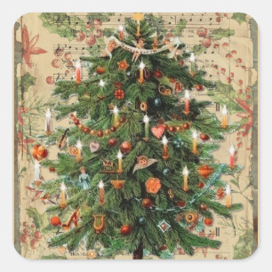 Vintage-Weihnachtsbaum-Musik Quadratischer Aufkleber