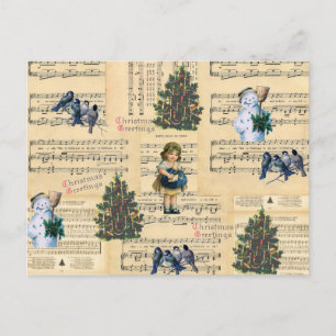 Vintage Weihnachtsbaum Schneemann Musik Feiertag Feiertagspostkarte