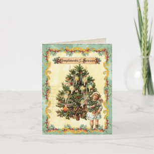Vintage-Weihnachtsbaum, Stechpalme und Engelkarte Feiertagskarte