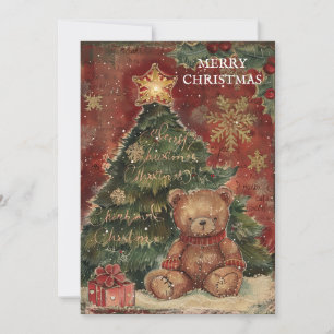 Vintage-Weihnachtsbaum-Teddybär Rot Grün Feiertagskarte