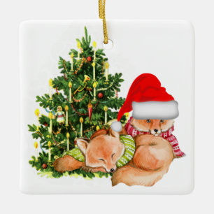 Vintage-Weihnachtsbaum und Füchse Feiertag Keramikornament