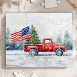 Vintage Weihnachtsbaumflagge Puzzle<br><div class="desc">Vintager Weihnachtswagen mit Weihnachtsbaum und Weihnachtsduschvorhang unter amerikanischer Flagge ist ein festlicher Weg,  um Ihre Liebe für Amerika zu zeigen und die Feiertage zu feiern.</div>