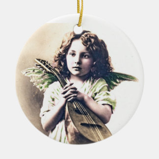 Vintage-Weihnachtsbaumschmuck-Engel mit Laute Keramik Ornament