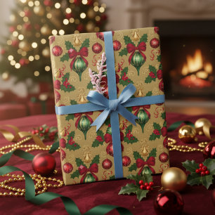 Vintage-Weihnachtsbaumschmuck in Rot und Grün Geschenkpapier