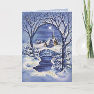 Vintage-Weihnachtsbild Kirche Blau Weiß Feiertagskarte