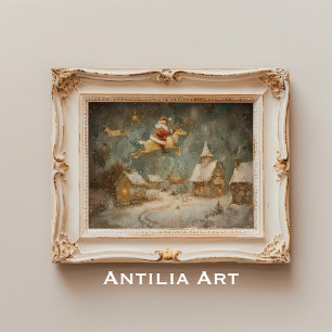 Vintage-Weihnachtsbild Santa Claus und Rentiere Poster