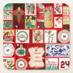 Vintage-Weihnachtsblock-Adventskalender-Raster-Kun Rechteckiger Pappuntersetzer