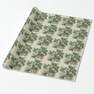 Vintage Weihnachtsbrücke und -stechpalme Geschenkpapier