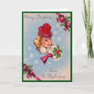 Vintage-Weihnachtsdame Benutzerdefinierter Name In Feiertagskarte