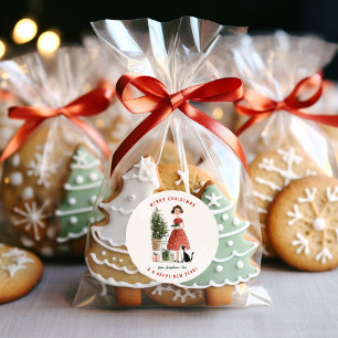 Vintage-Weihnachtsdame mit Katze personalisiert Runder Aufkleber