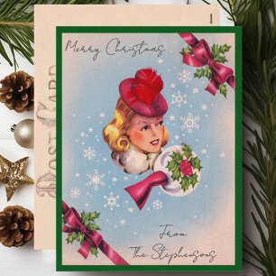 Vintage-Weihnachtsdame-Personalisierte-Name-Postka Feiertagspostkarte