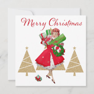 Vintage-Weihnachtsdame präsentiert Rot Grün Gold Feiertagskarte