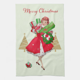 Vintage-Weihnachtsdame präsentiert Rot Grün Gold Geschirrtuch