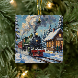 Vintage-Weihnachtsdampfzug im schneebedeckten Bahn Keramikornament