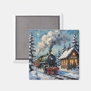 Vintage-Weihnachtsdampfzug im schneebedeckten Bahn Magnet