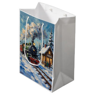 Vintage-Weihnachtsdampfzug im schneebedeckten Bahn Mittlere Geschenktüte