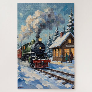 Vintage Weihnachtsdampfzug im schneebedeckten Bahn Puzzle