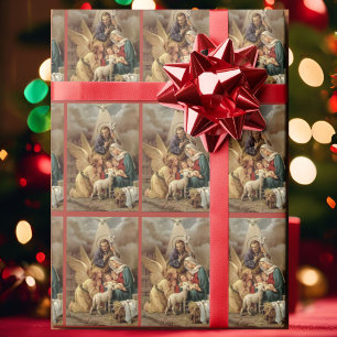 Vintage-Weihnachtsdarstellung Heilige Familie mit Geschenkpapier