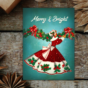 Vintage-Weihnachtsdekoration roter Glitter Mädchen Einladung