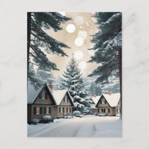 Vintage Weihnachtsdorf im Wald Postkarte