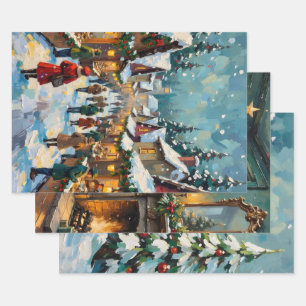 Vintage-Weihnachtsdorfmarkt Festlicher Winter Geschenkpapier Set