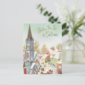 Vintage Weihnachtsdörfsszene Feiertagspostkarte (Stehend Vorderseite)