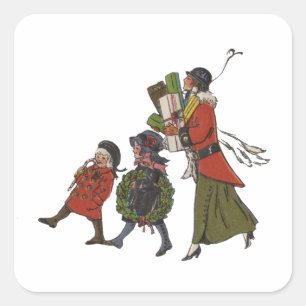 Vintage-Weihnachtseinkaufs-Familienspaß Quadratischer Aufkleber